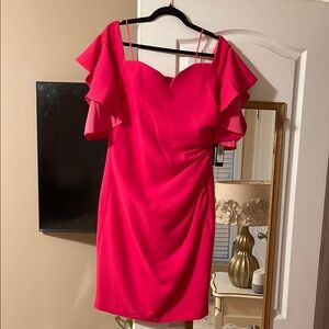 Badgley Mischka Pink Asymmetrical Pleated Mini Dress